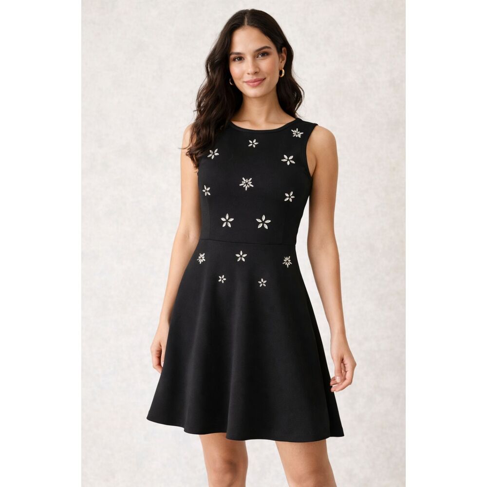 APT.9 Black Fit & Flare Dress with Rhinestone Floral Details – XS